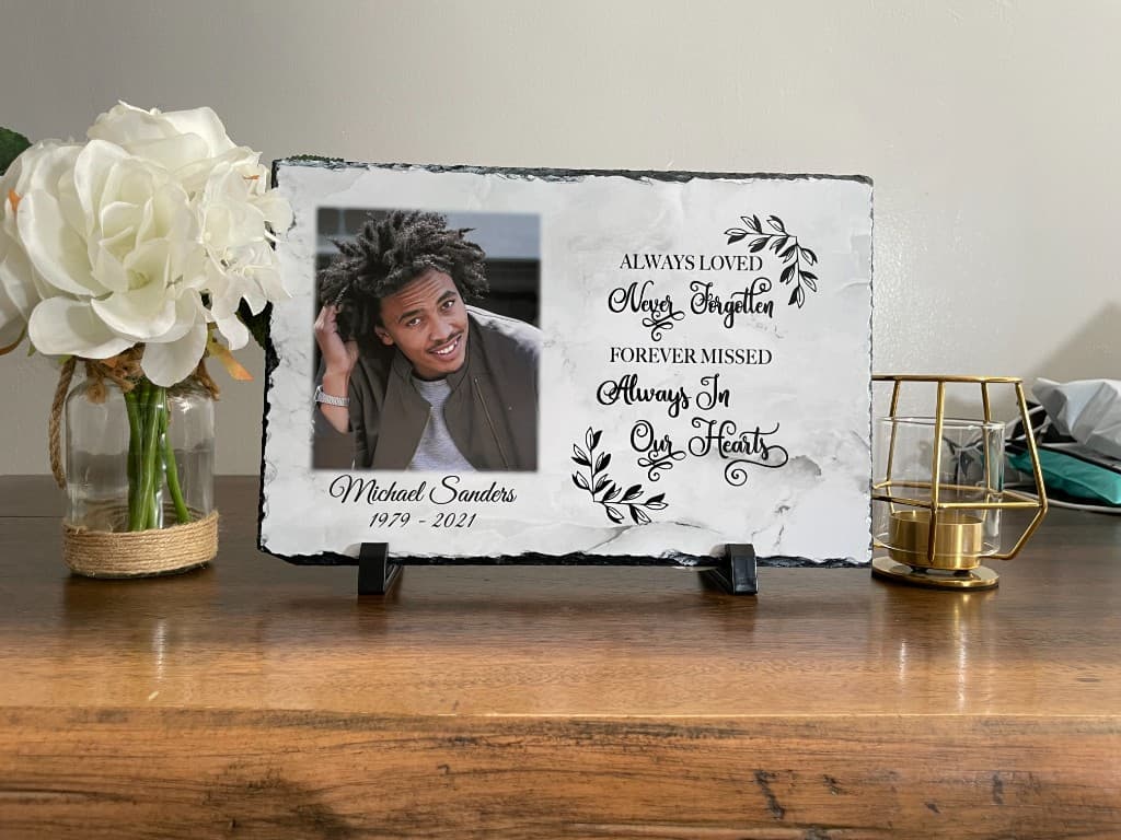 Personalized memorial photo slate with portrait and verse — representative of PixnGifts people memorial work.