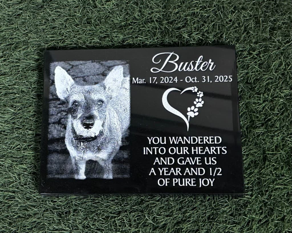 Personalized black granite pet memorial with laser-etched portrait and tribute lettering — example of My Furever Memories work.